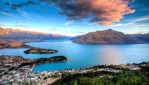 the most beautiful sunset from Queenstown Gondola Skyline in New Zealand. overlooking Queenstown Gardens, Cecil Peak, etc. 