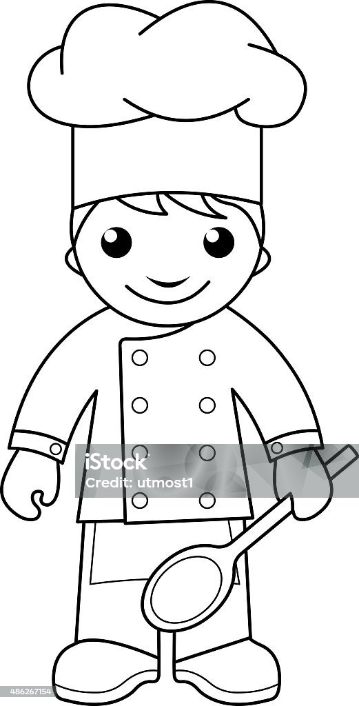 Cook - coloring page for kids Black and white outline image of cook with a spoon in his hand Coloring stock vector