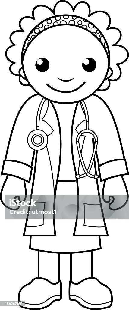 Doctor - coloring page for kids Black and white outline image of female doctor with a stethoscope 2015 stock vector