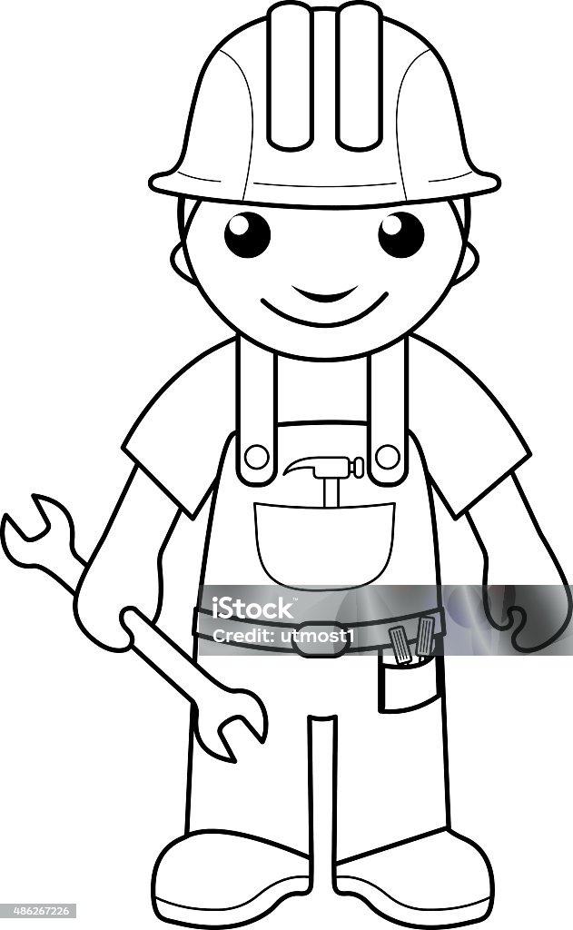 Handyman - coloring page for kids Black and white outline image of handyman with a wrench 2015 stock vector
