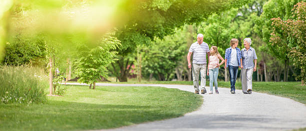 abuelos y nietos caminando en el parque - grandmother generation gap senior adult granddaughter fotografías e imágenes de stock