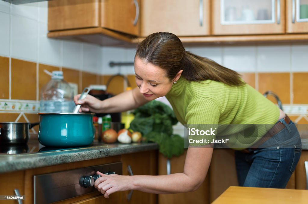 Female cooking dinner at home Happy smiling housewife cooking dinner in domestic kitchen 2015 Stock Photo