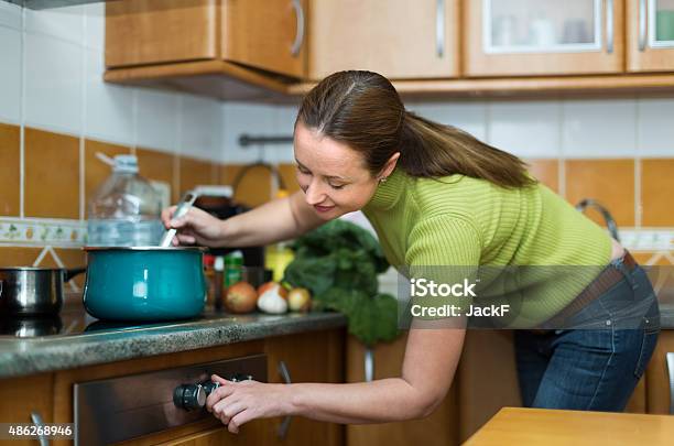 Female Cooking Dinner At Home Stock Photo - Download Image Now - 2015, 35-39 Years, Adult