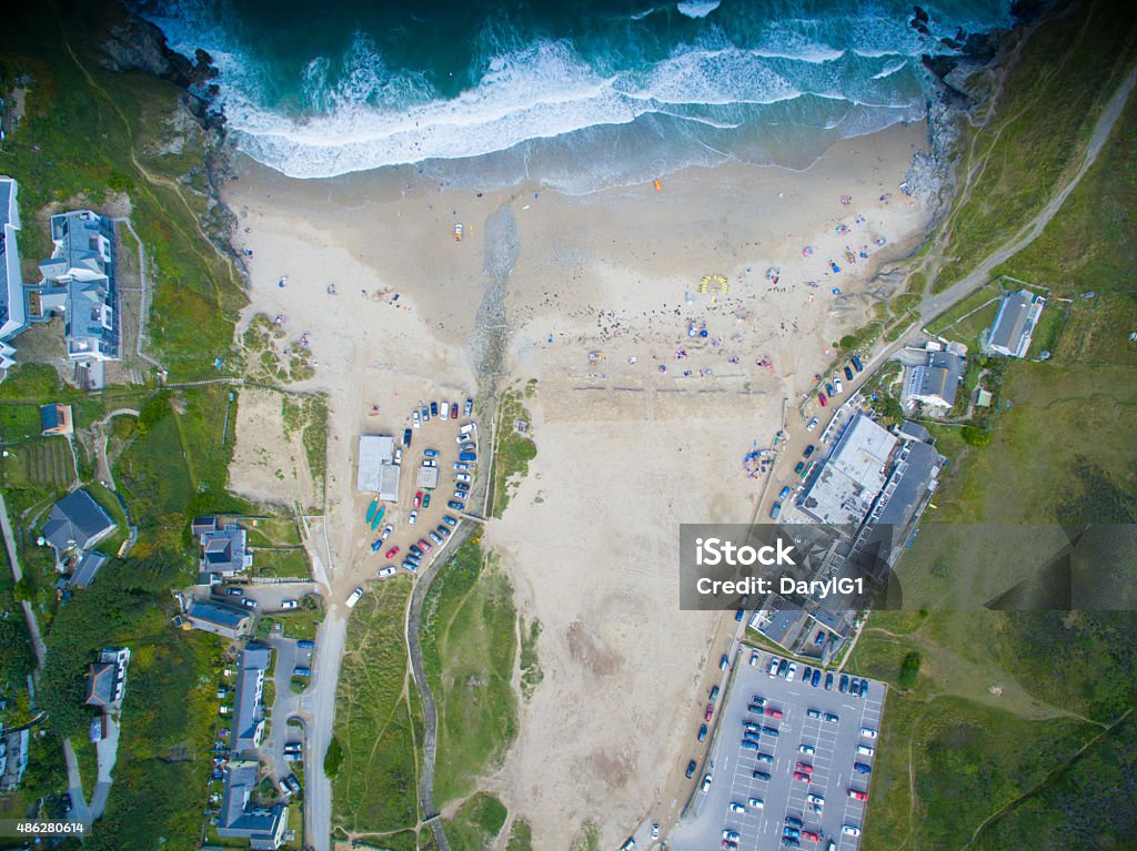 POrthtowan Aerial Beach Shot Overhead aerial beach image, looking down on to Porthtowan beach , Cornwall Aerial View Stock Photo