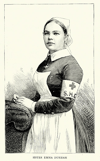 Vintage engraving showing Sister Emma Durham recipient of the royal red cross medal. The Royal Red Cross is a military decoration awarded in the United Kingdom and Commonwealth for exceptional services in military nursing. The Graphic, 1887