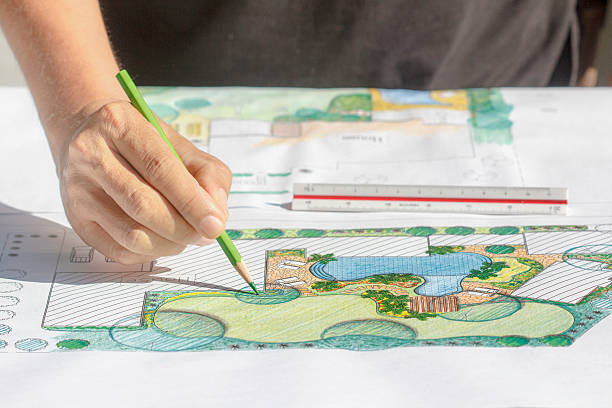 architekt krajobrazu projektowanie plan na podwórku willa - staw woda stojąca zdjęcia i obrazy z banku zdjęć