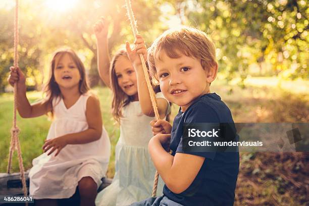 Sibling In Tire Swing Stock Photo - Download Image Now - Child, Retro Style, Summer
