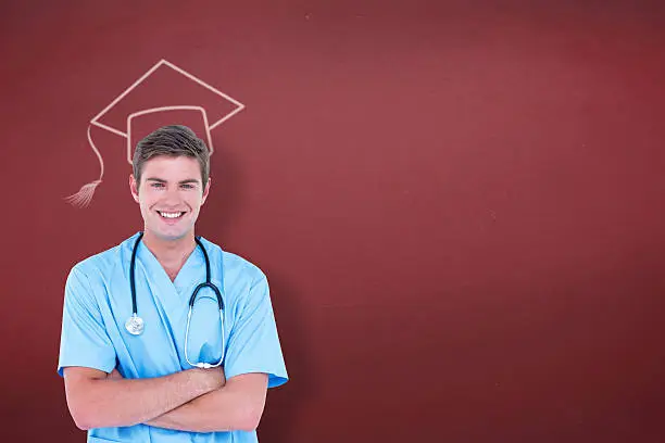 Photo of Composite image of young nurse in blue tunic