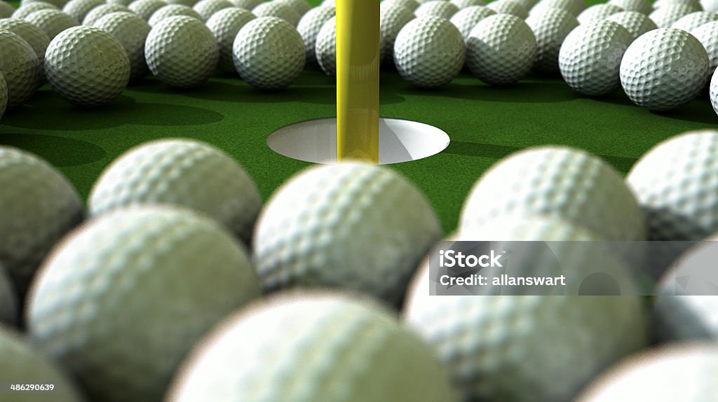 Golf Ball Hole Assault An array of balls ominously challenging a hole on the green Aggression Stock Photo