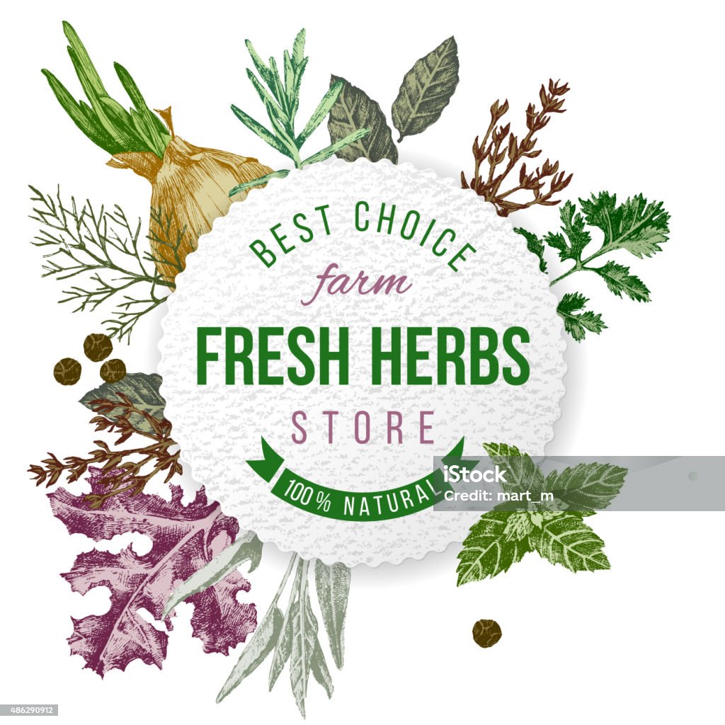 Round emblem with type design, herbs  and spices Round emblem with type design and hand drawn herbs and spices on white background 2015 stock vector