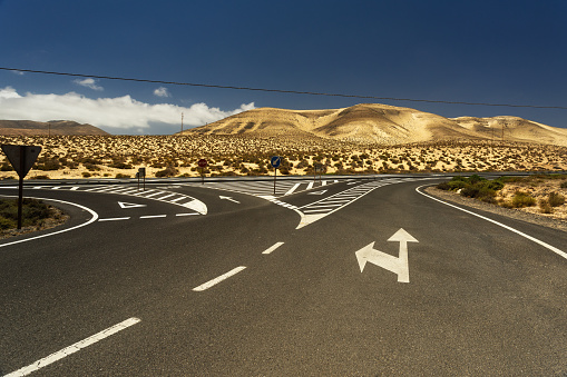 Crossroads of the road in the mountains of Fuerteventura