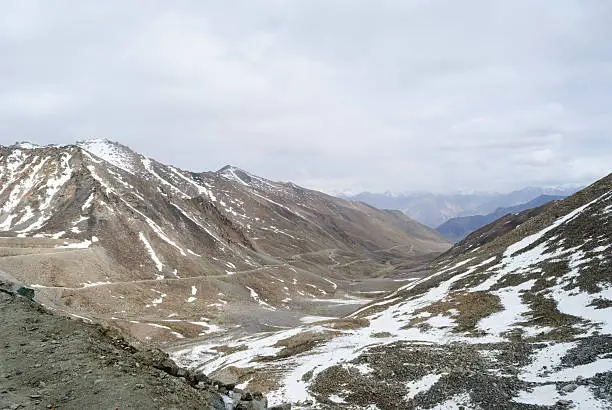 View from the highest motor-able road in the world, Khardungla pass.At an altitude of over 18 300 feet in Ladakh,India.An important road connecting Ladakh with rest of Kashmir.