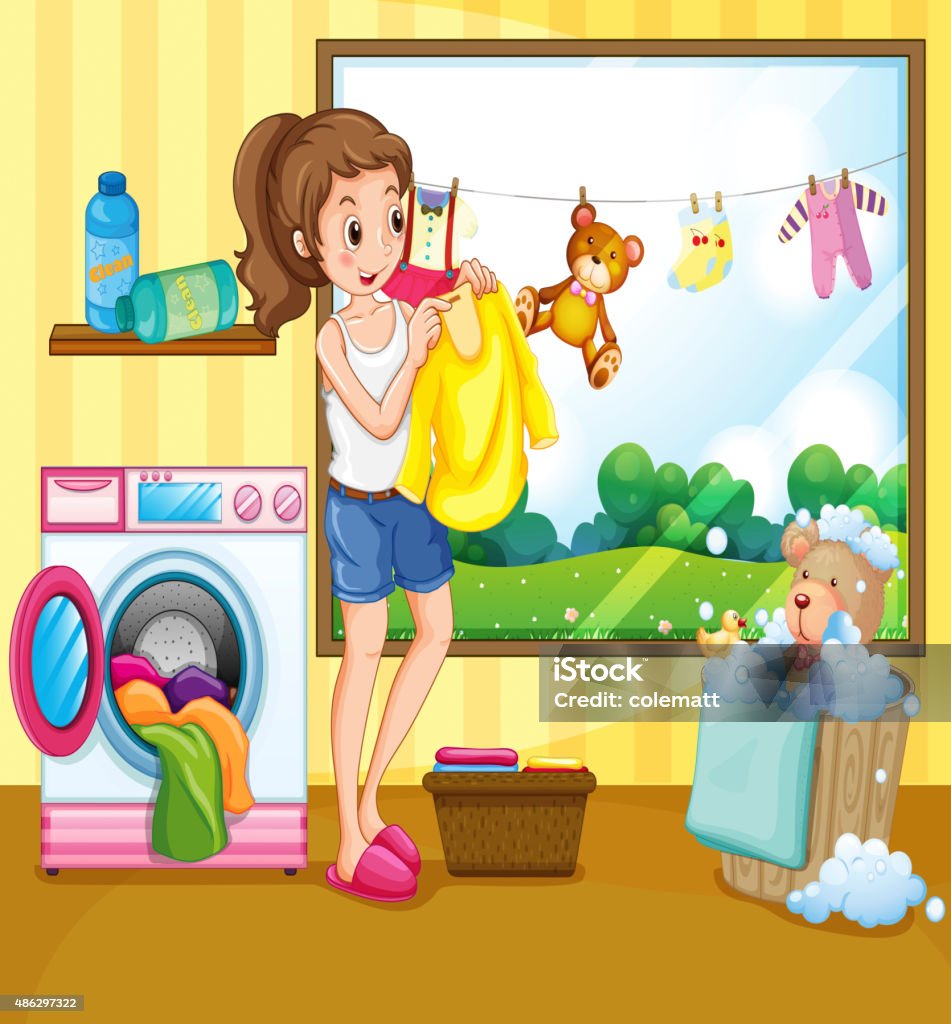 Laundry Girl washing and hanging clothes inside the house 2015 stock vector