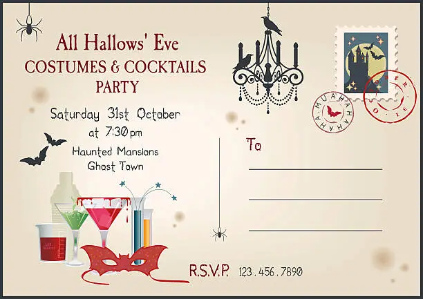 Vector illustration of Post Card Style Halloween Costumes and Cocktails Party Invitation