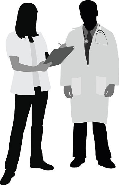 Doctor And Nurse Taking Notes A vector silhouette illustration of a male doctor and a female nurse.  The nurse makes notes on a clipboard, while the doctor stands with a stethoscope. nurse silhouettes stock illustrations