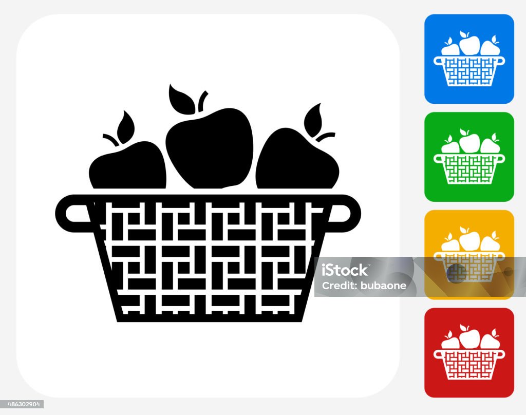 Apple Basket Icon Flat Graphic Design Apple Basket Icon. This 100% royalty free vector illustration features the main icon pictured in black inside a white square. The alternative color options in blue, green, yellow and red are on the right of the icon and are arranged in a vertical column. Basket stock vector