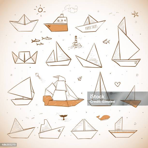 Vintage Origami Paper Ships Sketches Stock Illustration - Download Image Now - 2015, Child, Doodle