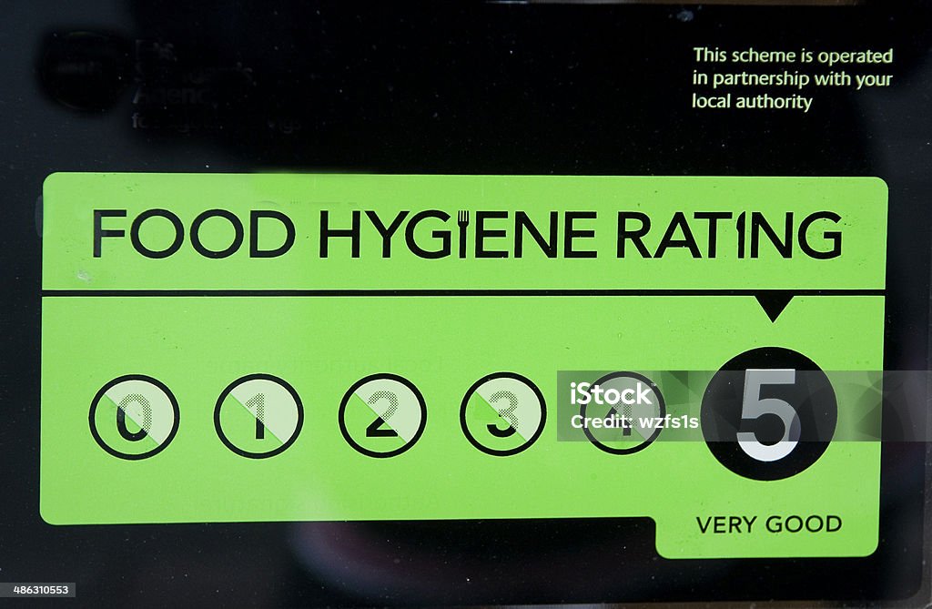 Hygiene Rating Food hygiene rating level displayed in restaurants and takeaways. Food Stock Photo