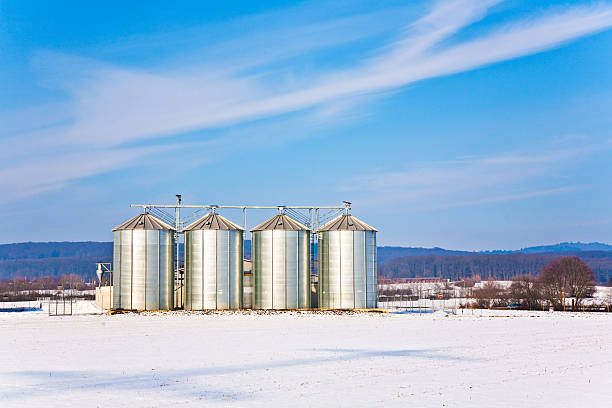 istock landscape with silo and snow white acre with blue sky 486310627