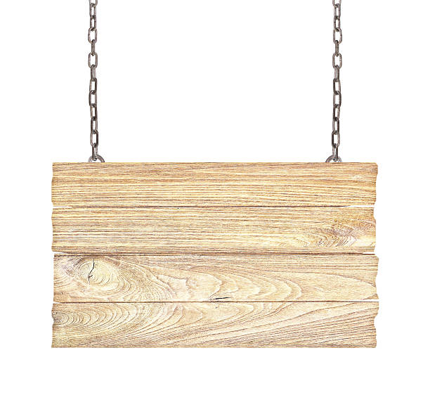 istock Wood sign from a chain isolated on white 486311482