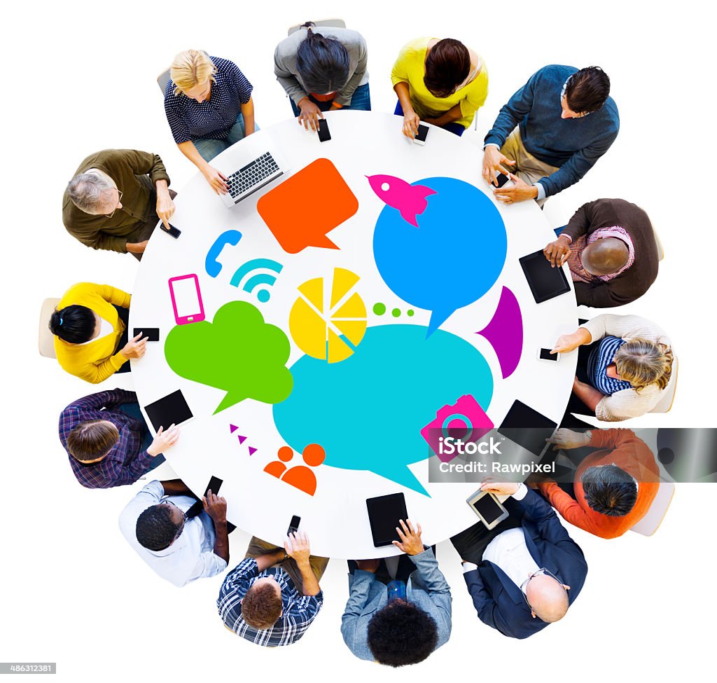 Multiethnic People Discussing Social Media with Digital Devices Circle Stock Photo