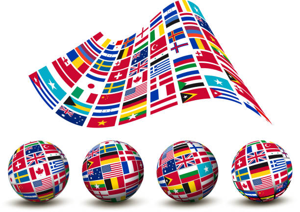 флаги стран мира. четыре глобусы. вектор. - national flag flag planet symbol stock illustrations