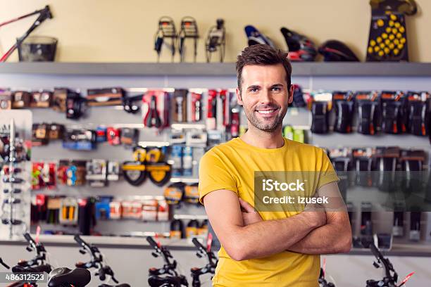 Sport Store Manager Stock Photo - Download Image Now - Retail Clerk, Bicycle Shop, Happiness