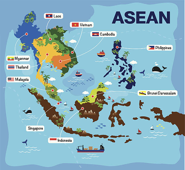 peta kartun asean - indonesia ilustrasi stok