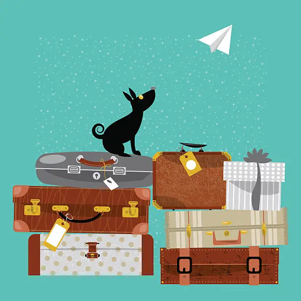 Vector illustration of Travel concept. Stack of vintages suitcases, dog and paper plane.