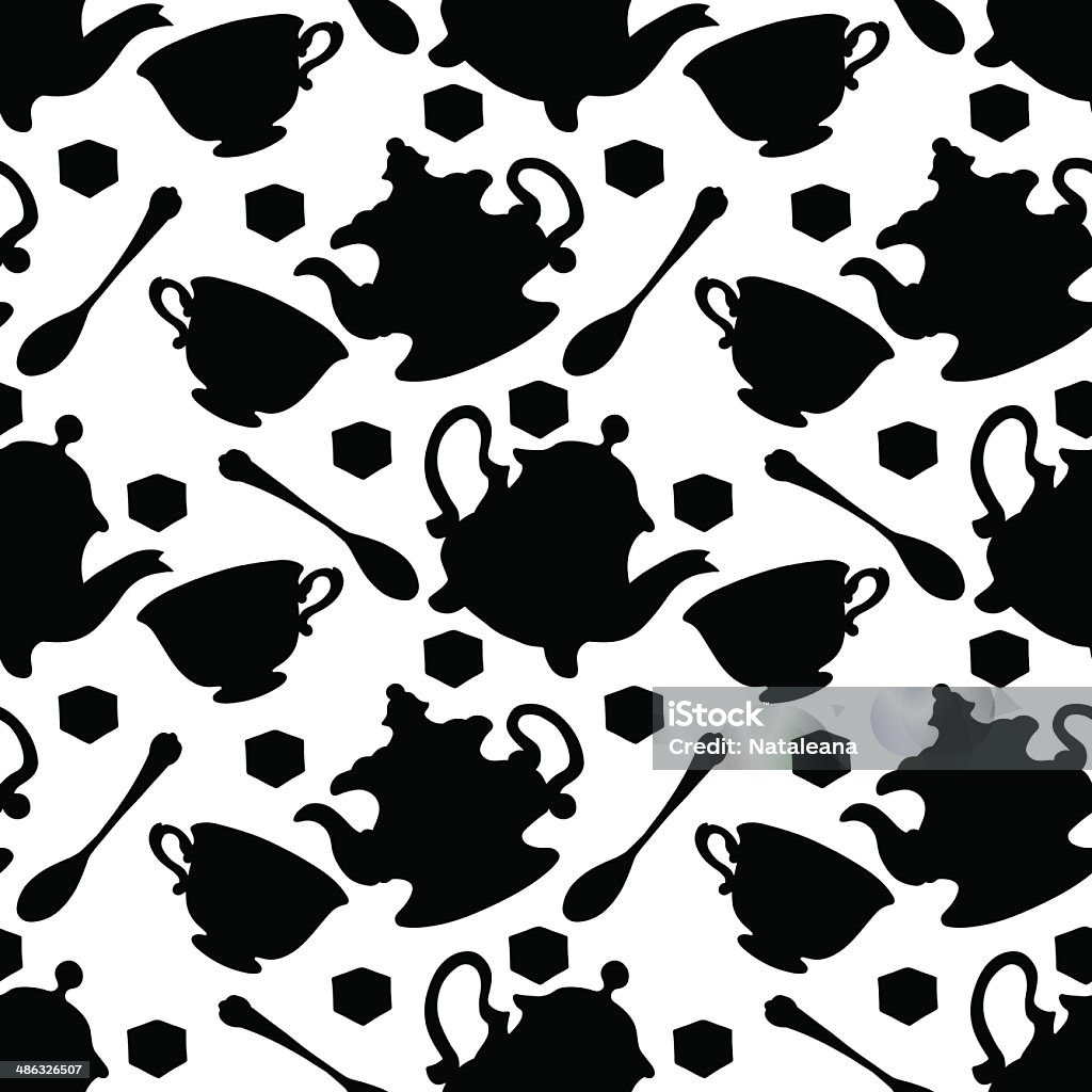 Seamless pattern with silhouettes cups, teapots, spoons, sugar Seamless pattern with silhouettes cups, teapots, spoons, sugar - vector artwork Abstract stock vector