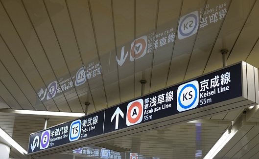 Signs point to the various lines at a Tokyo Metro station.