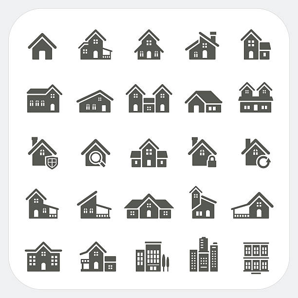 ilustraciones, imágenes clip art, dibujos animados e iconos de stock de casas conjunto de iconos de bienes raíces - construction residential structure house mansion