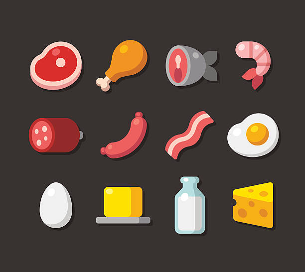 meat and dairy icons Flat cartoon icons of meat, seafood and dairy products. chicken steak stock illustrations