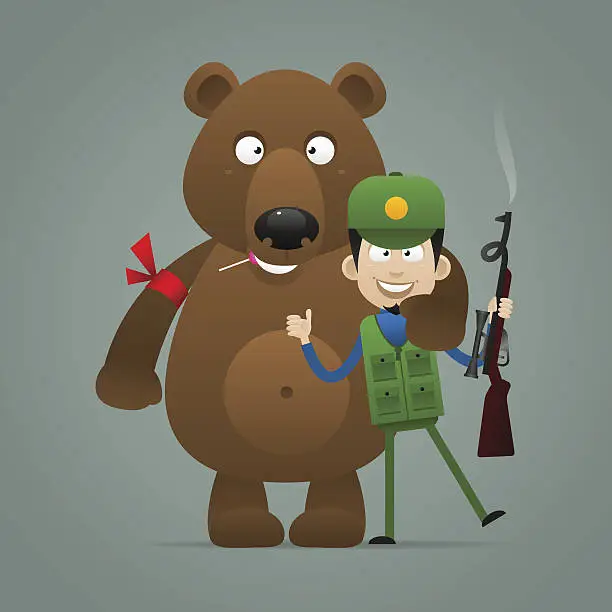 Vector illustration of Concept bear holds hunter and smiling