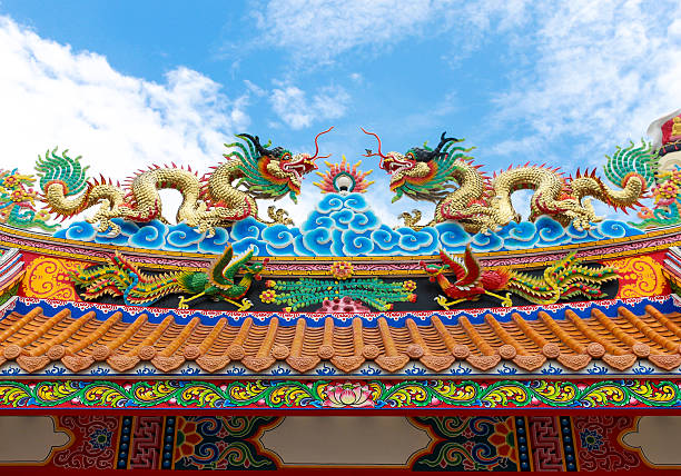 coloré statue de dragon de chine sur le toit du temple - guan yin photos et images de collection