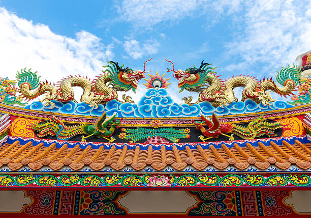 estátua de dragão chinês colorido no templo telhado - guan yin imagens e fotografias de stock