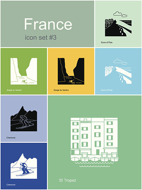 Icons of France Landmarks of France. Set of flat color icons in Metro style. Editable vector illustration. palace of versailles stock illustrations