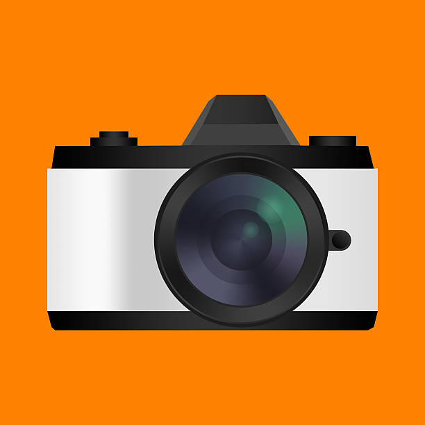 retro-look-kamera-icon. film, mirrorless. isoliert auf orange. - retro revival instant camera photograph old stock-grafiken, -clipart, -cartoons und -symbole