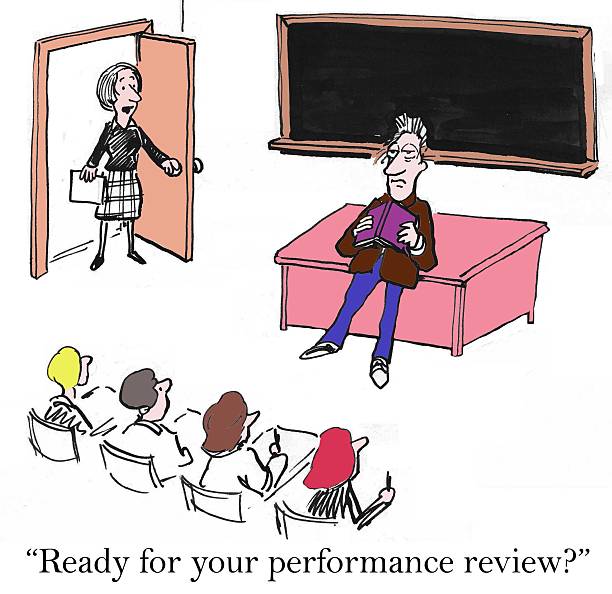 Teacher's Performance Review Education cartoon showing a tired male teacher with students.  Female principal opens door and says, "Ready for your performance review". school counselor stock illustrations