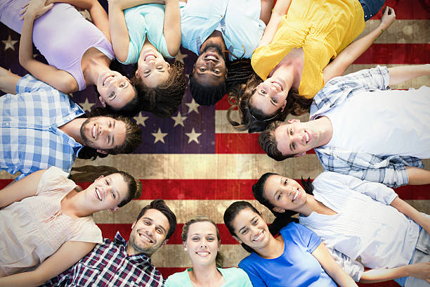 istock Composite image of happy friends lying in circle 486334784