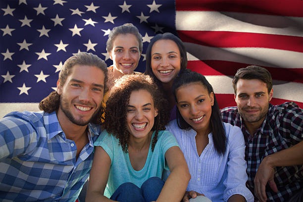 istock Composite image of smiling friends in the park 486334786
