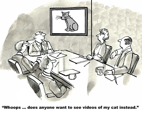 Business cartoon showing a businesspeople in a meeting.  There is a video of a cat on the wall.  Businessman says, 'Whoops... does anyone want to see videos of my cat instead?'.