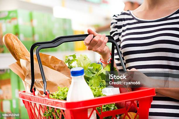 Full Shopping Basket Stock Photo - Download Image Now - Shopping Basket, Women, Holding