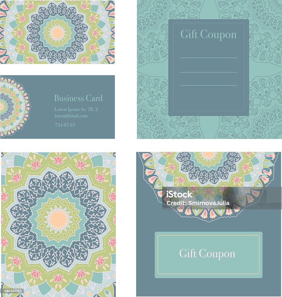 Mandala business set. Business cards, invitation, sale coupon, gift coupon. Mandala business set. Vector background. Business cards, invitation, sale coupon, gift coupon. Vintage decorative elements. Hand drawn background. Islam, arabic, indian, ottoman motifs. Coupon stock vector