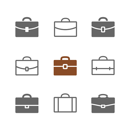 Vector set of Briefcase icons. Black Briefcase, suitecase and school case pictograms isolated on white. Solid and outlines.