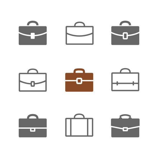 Briefcase Vector set of Briefcase icons. Black Briefcase, suitecase and school case pictograms isolated on white. Solid and outlines. briefcase illustrations stock illustrations