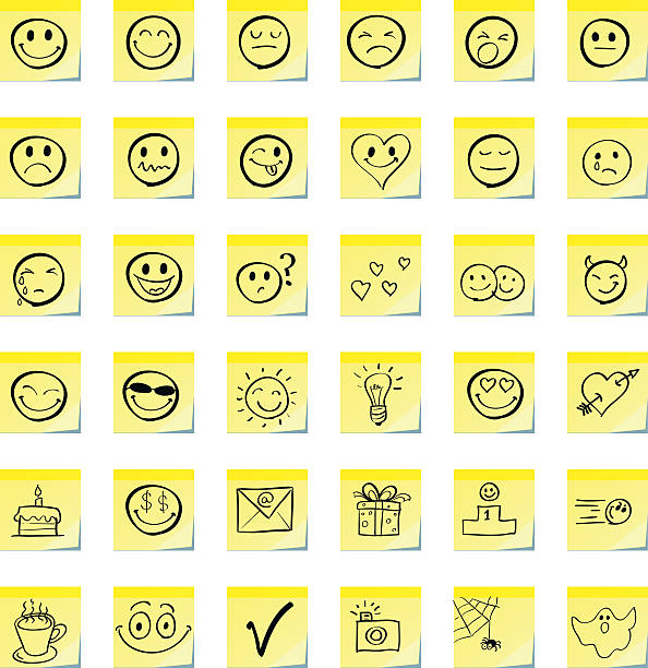 Emoticons Group emoticons, are drawn on a sticky note smiley face postit stock illustrations