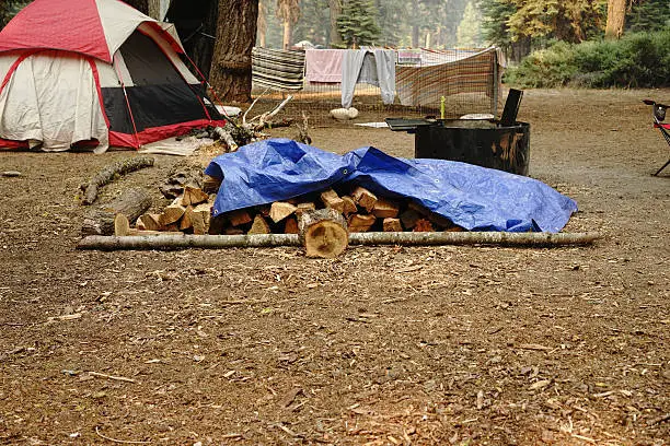 Campsite with covered firewood in the foreground. Hanging clothes, firepit, tent, and Sequoia trees in the background.