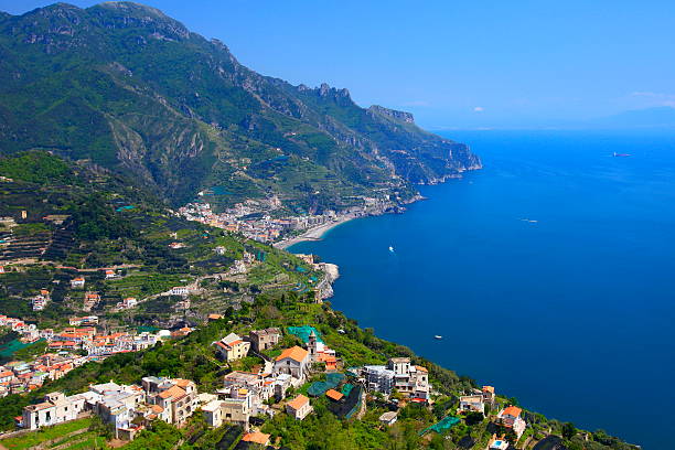 Turquoise Italian Amalfi Coast aerial panorama from Ravello terrace Turquoise Italian Amalfi Coast aerial panorama from Ravello terrace ravello stock pictures, royalty-free photos & images