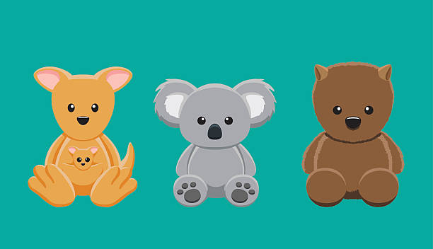 illustrations, cliparts, dessins animés et icônes de kangourou koala wombat poupée set de dessin animé vector illustration - koala australia cute animal